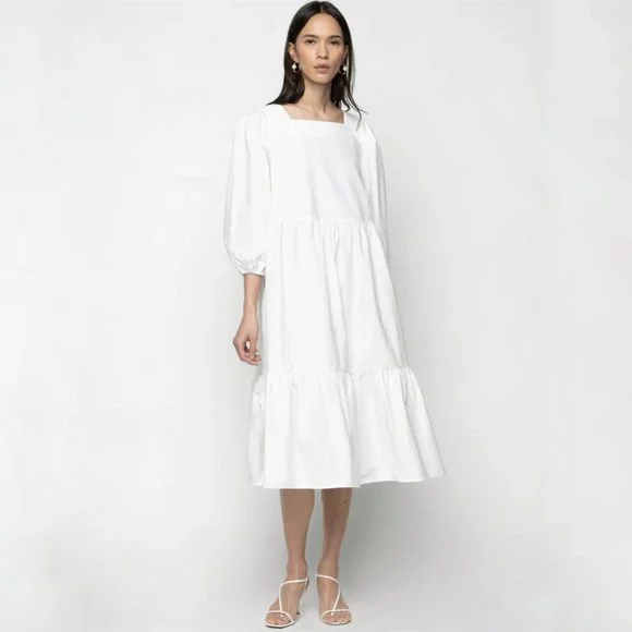 OAK + FORT 6308 Puff Sleeve White Midi Dress Size XS - Picture 1 of 9